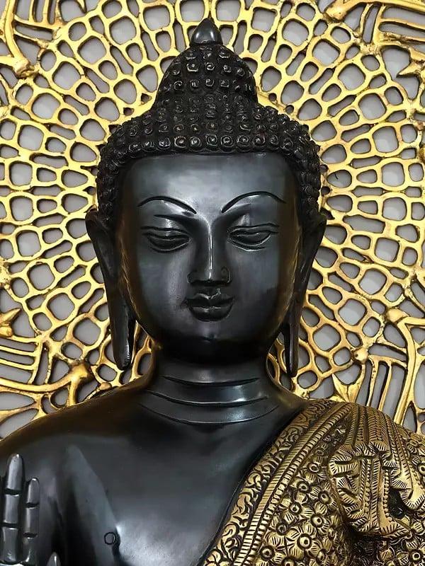 Exotic India 33" Large Blessing Lord Buddha With Mandala Backdrop | Brass Statue 