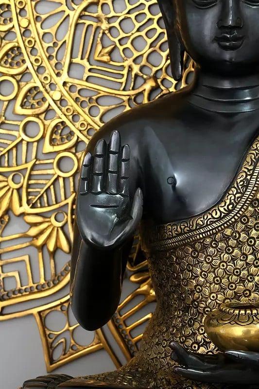 Exotic India 33" Large Blessing Lord Buddha With Mandala Backdrop | Brass Statue 