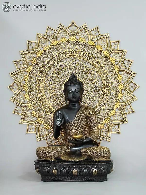exotic india 33" Large Blessing Lord Buddha with Mandala Backdrop | Brass Statue 