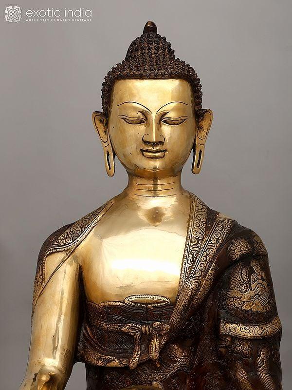 Exotic India 33" Large Lord Buddha Seated In Bhumisparsha Mudra | Brass Statue 