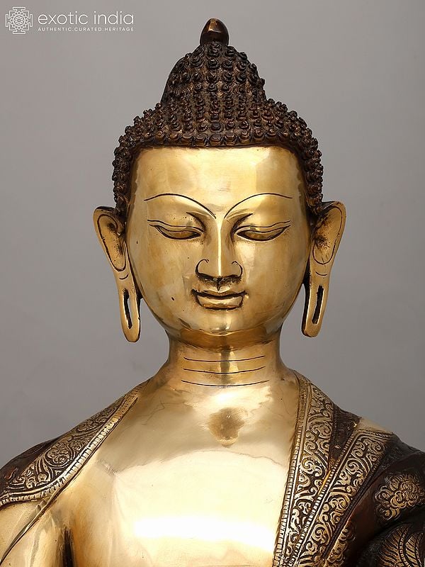 Exotic India 33" Large Lord Buddha Seated In Bhumisparsha Mudra | Brass Statue 