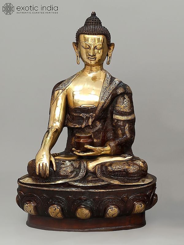 exotic india 33" Large Lord Buddha Seated in Bhumisparsha Mudra | Brass Statue 