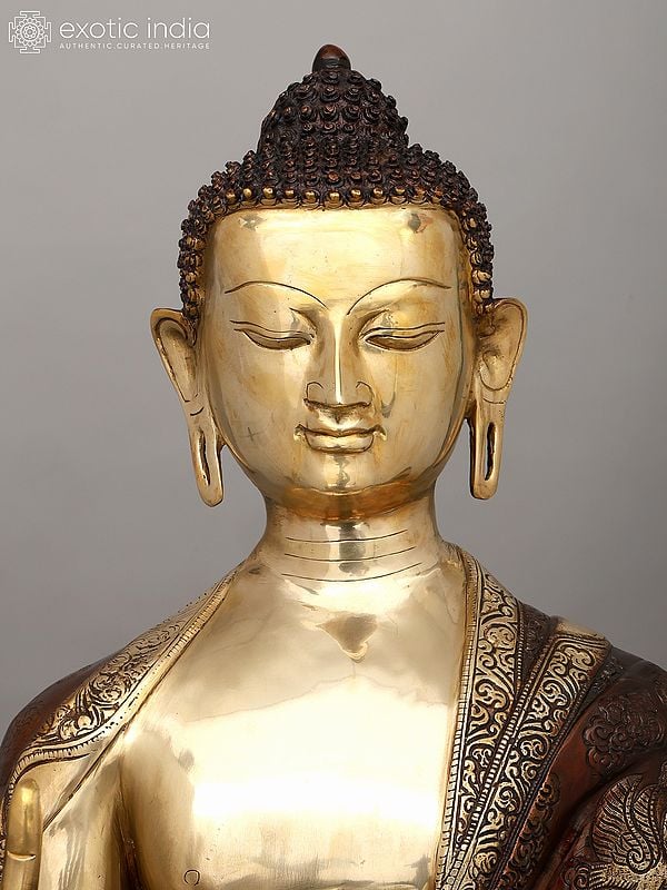 Exotic India 33" Large Lord Buddha Seated In Vitark Mudra | Brass Statue 