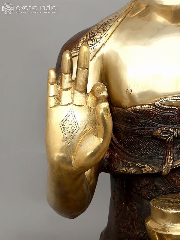 Exotic India 33" Large Lord Buddha Seated In Vitark Mudra | Brass Statue 