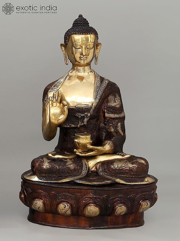 exotic india 33" Large Lord Buddha Seated in Vitark Mudra | Brass Statue 