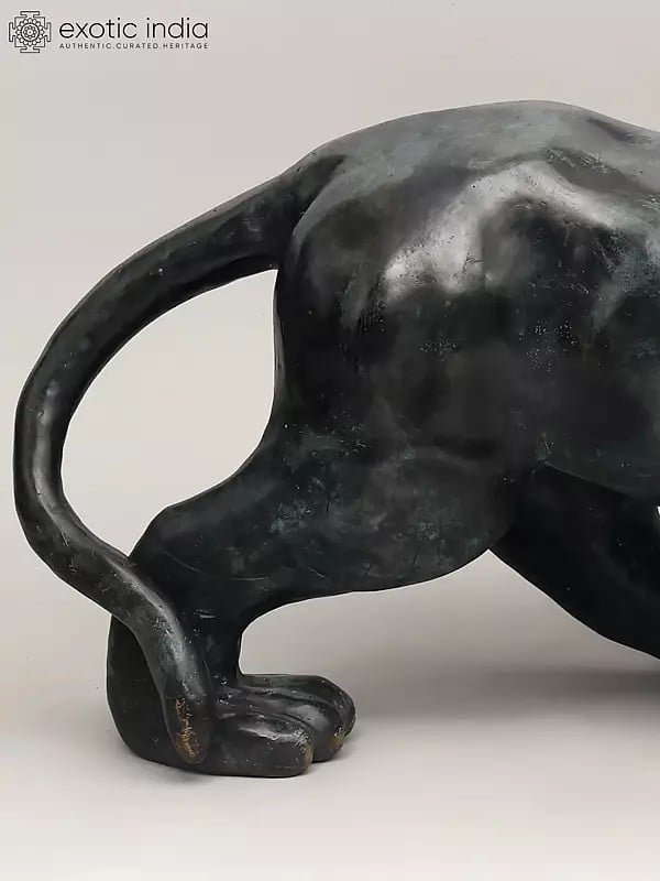 Exotic India 33" The Watchful Hunter: Black Panther Statue In Brass | Home Decor 