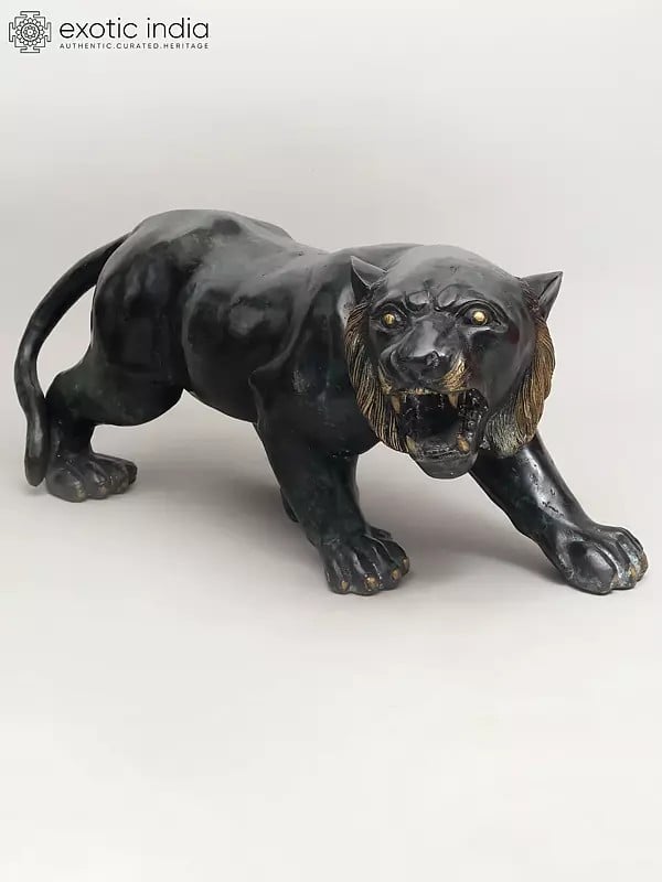 Exotic India 33" The Watchful Hunter: Black Panther Statue In Brass | Home Decor 