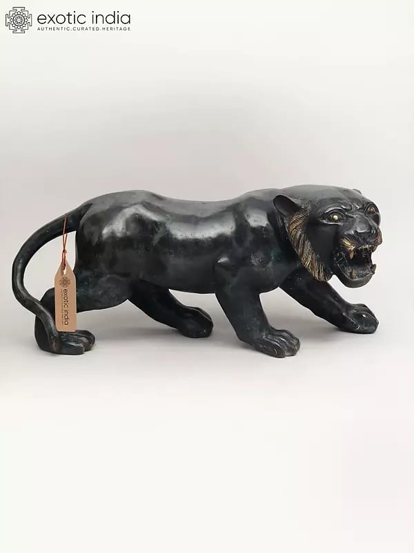 exotic india 33" The Watchful Hunter: Black Panther Statue in Brass | Home Decor 