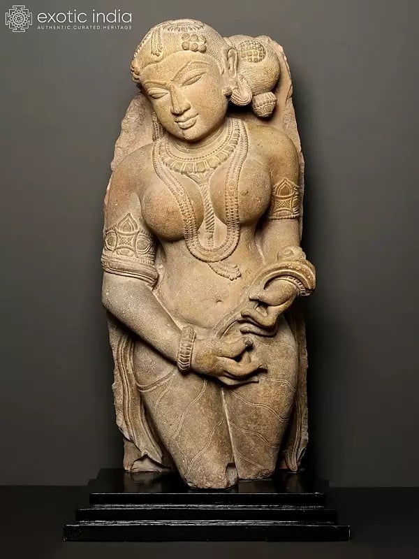 Exotic India 34" Apsara Holding Her Garment On Wooden Base 