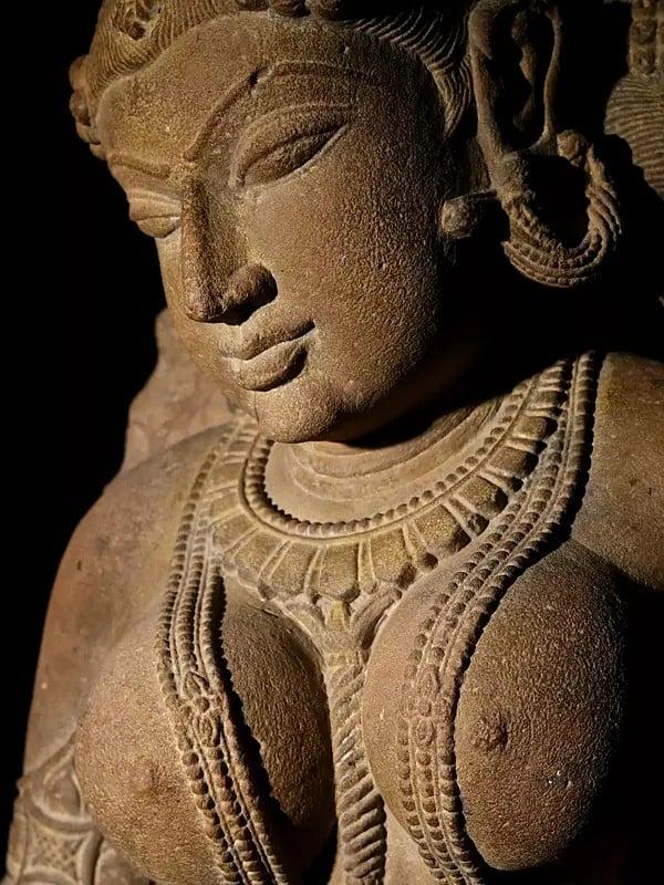 Exotic India 34" Apsara Holding Her Garment On Wooden Base 