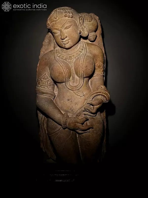 exotic india 34" Apsara Holding Her Garment on Wooden Base 