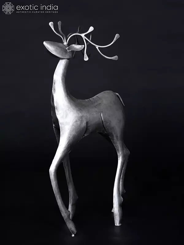 Exotic India 34" Large Decorative Iron Reindeer With Silver Finish | Home Decor 