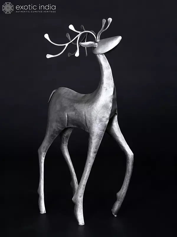 Exotic India 34" Large Decorative Iron Reindeer With Silver Finish | Home Decor 