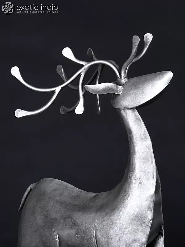Exotic India 34" Large Decorative Iron Reindeer With Silver Finish | Home Decor 