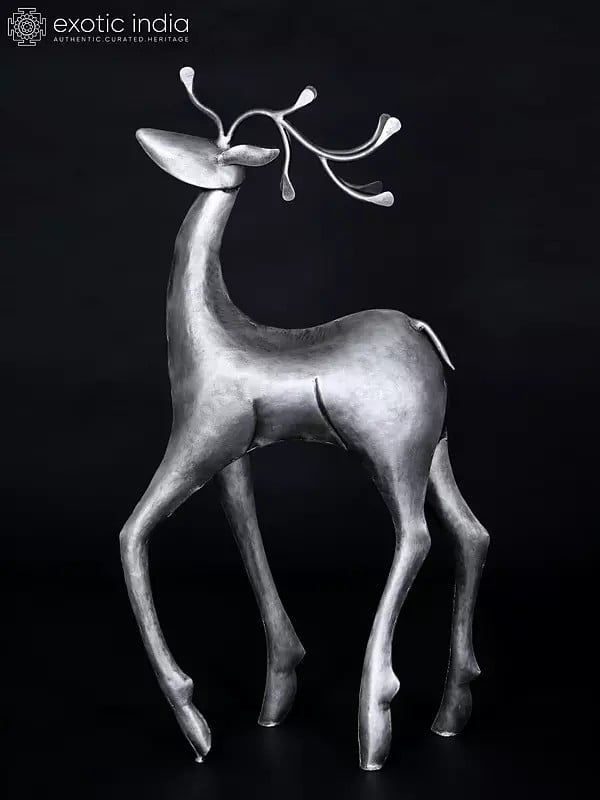 exotic india 34" Large Decorative Iron Reindeer with Silver Finish | Home Decor 