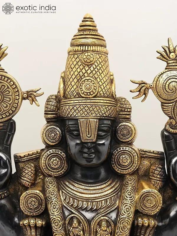 Exotic India 34" Large Tirupati Balaji (Venkateshvara) With Goddess Lakshmi | Brass Statue 