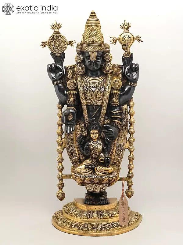 exotic india 34" Large Tirupati Balaji (Venkateshvara) with Goddess Lakshmi | Brass Statue 