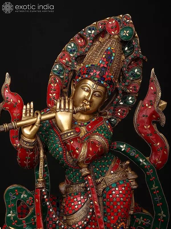 Exotic India 34" Large Venugopal Krishna With Cow | Brass Statue With Inlay Work 