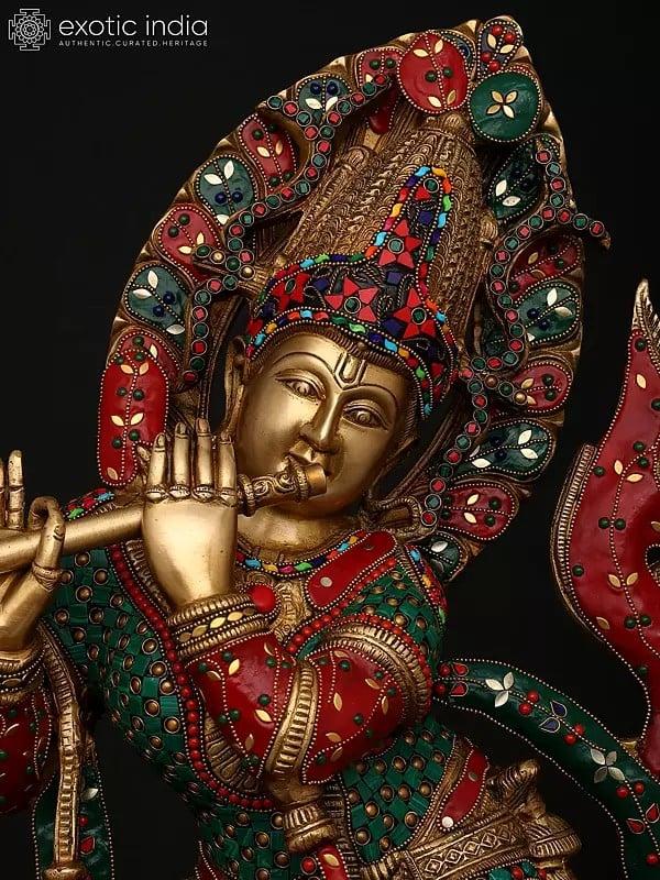 Exotic India 34" Large Venugopal Krishna With Cow | Brass Statue With Inlay Work 