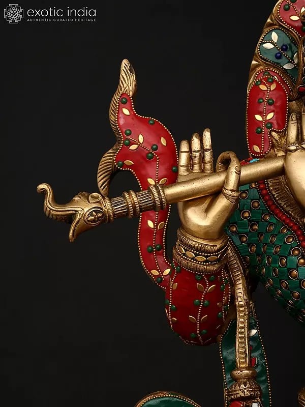 Exotic India 34" Large Venugopal Krishna With Cow | Brass Statue With Inlay Work 