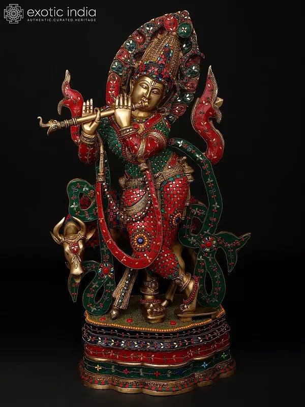 exotic india 34" Large Venugopal Krishna with Cow | Brass Statue with Inlay Work 