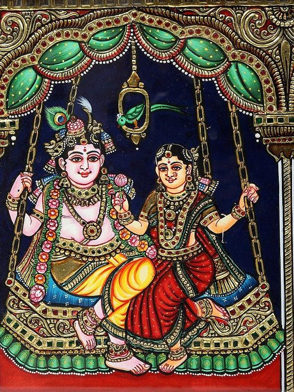 Exotic India 34" Lord Krishna In Four Frames | Traditional Colors With 24 Karat Gold | Framed Tanjore Painting
