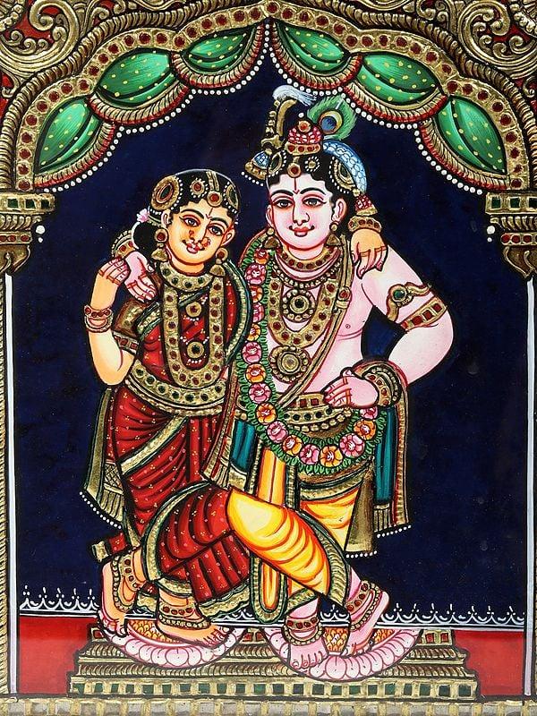 Exotic India 34" Lord Krishna In Four Frames | Traditional Colors With 24 Karat Gold | Framed Tanjore Painting