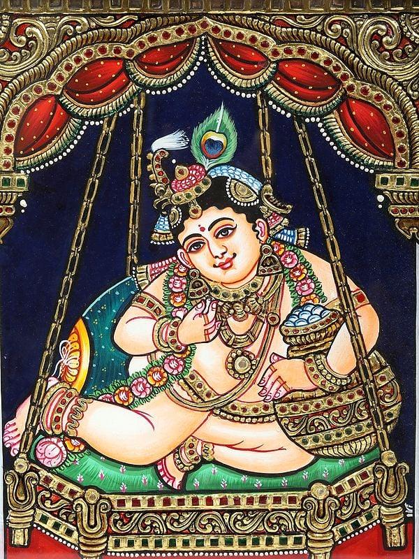 Exotic India 34" Lord Krishna In Four Frames | Traditional Colors With 24 Karat Gold | Framed Tanjore Painting