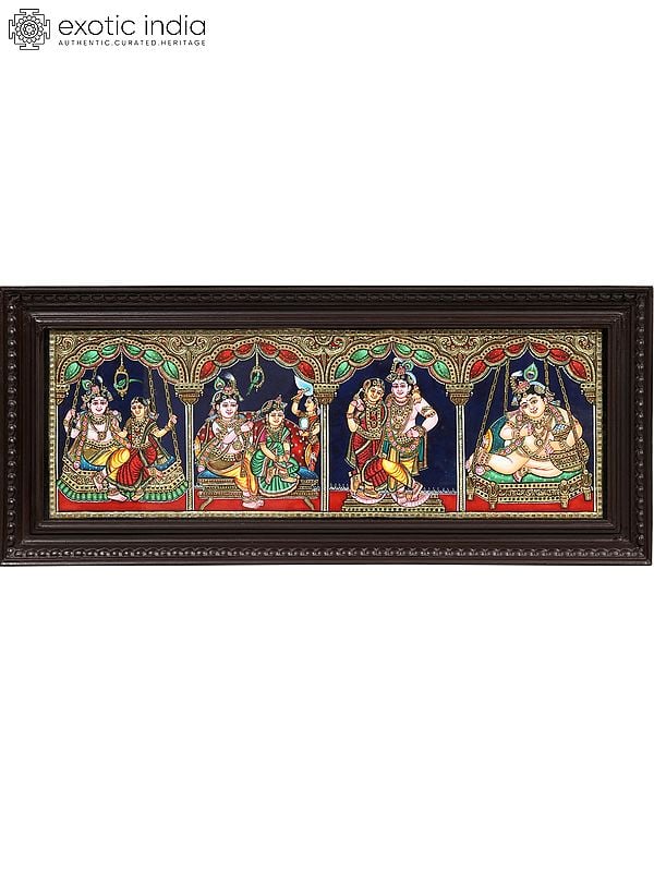 exotic india 34" Lord Krishna in Four Frames | Traditional Colors with 24 Karat Gold | Framed Tanjore Painting