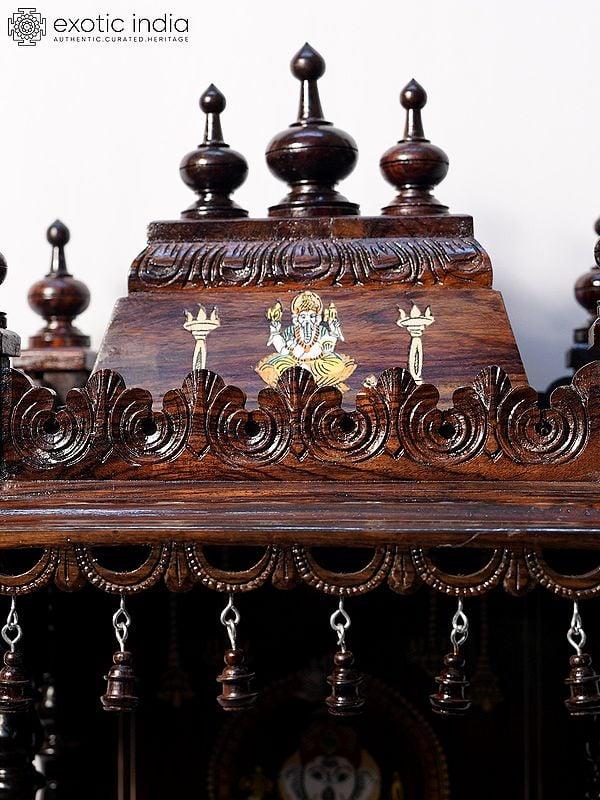 Exotic India 35" Attractive Wood Temple With Drawer And Ganesha Design | Handmade Rosewood Home Decor Item