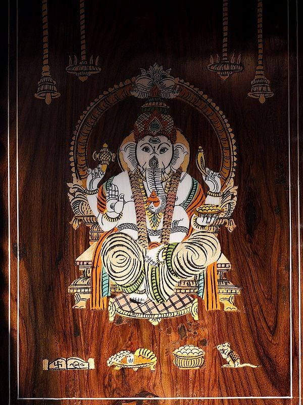 Exotic India 35" Attractive Wood Temple With Drawer And Ganesha Design | Handmade Rosewood Home Decor Item