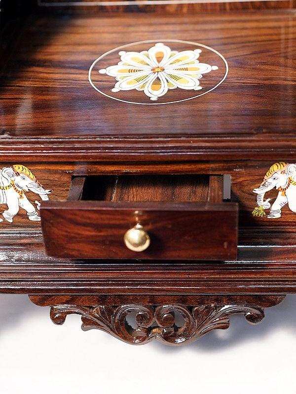 Exotic India 35" Attractive Wood Temple With Drawer And Ganesha Design | Handmade Rosewood Home Decor Item