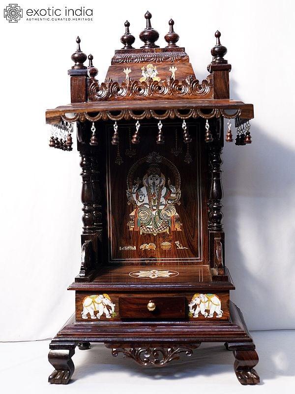 exotic india 35" Attractive Wood Temple With Drawer And Ganesha Design | Handmade Rosewood Home Decor Item 