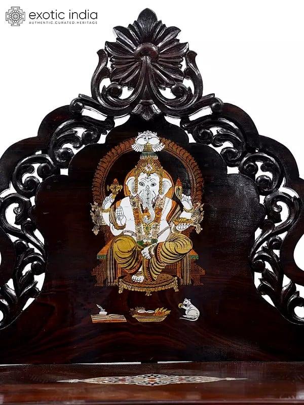 Exotic India 35" Designer Wooden Temple/Mandasana With Lord Ganesha Inlay 
