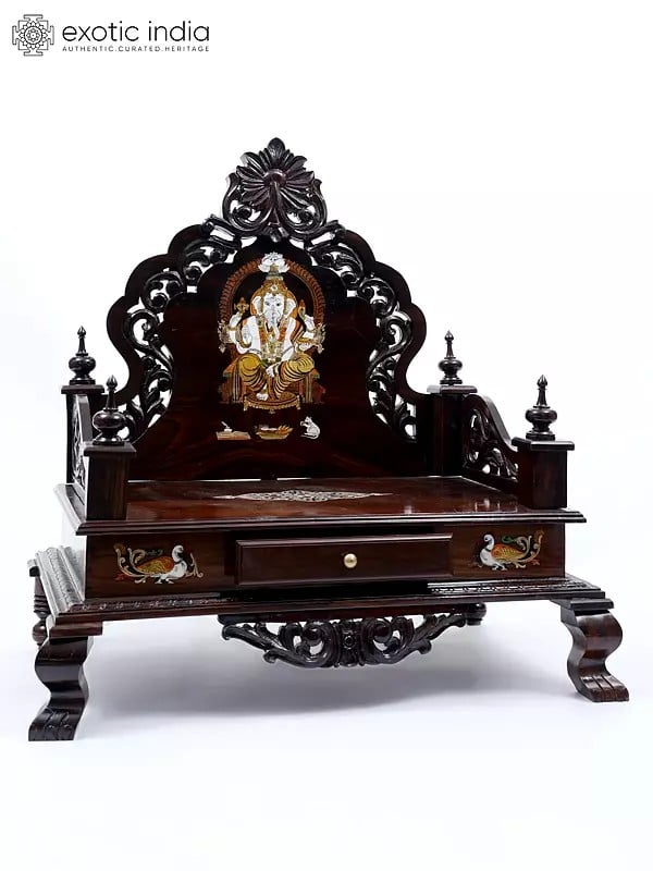 Exotic India 35" Designer Wooden Temple/Mandasana With Lord Ganesha Inlay 