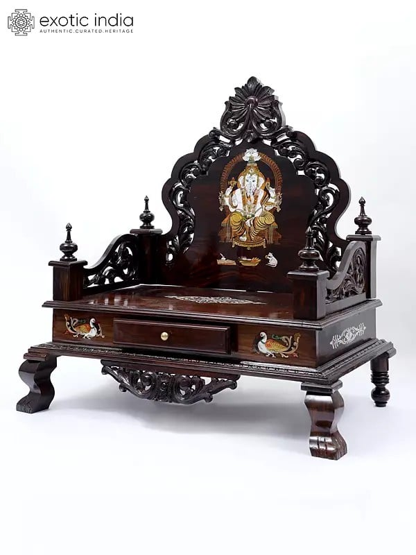 Exotic India 35" Designer Wooden Temple/Mandasana With Lord Ganesha Inlay 