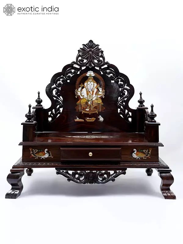 exotic india 35" Designer Wooden Temple/Mandasana with Lord Ganesha Inlay 
