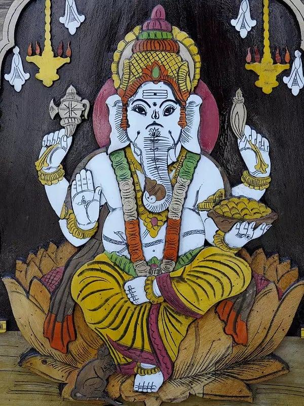 Exotic India 36" Blessing Lord Ganesha | 3D Wall Panel In Rosewood With Inlay Work 