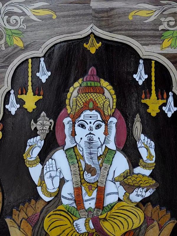 Exotic India 36" Blessing Lord Ganesha | 3D Wall Panel In Rosewood With Inlay Work 
