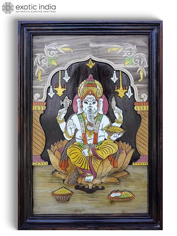 exotic india 36" Blessing Lord Ganesha | 3D Wall Panel in Rosewood with Inlay Work 