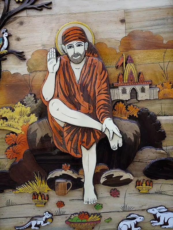 Exotic India 36" Blessing Sai Baba | 3D Wall Panel In Rosewood With Inlay Work 