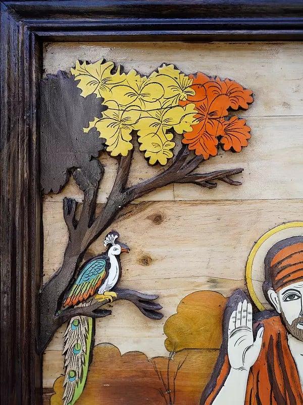 Exotic India 36" Blessing Sai Baba | 3D Wall Panel In Rosewood With Inlay Work 