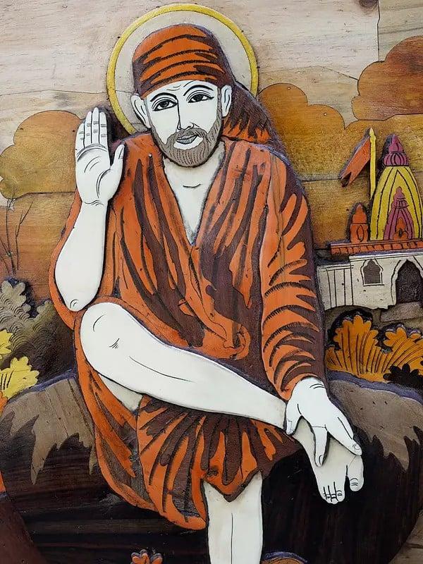 Exotic India 36" Blessing Sai Baba | 3D Wall Panel In Rosewood With Inlay Work 