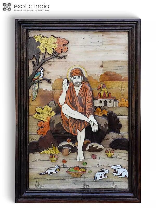 exotic india 36" Blessing Sai Baba | 3D Wall Panel in Rosewood with Inlay Work 