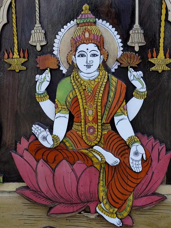 Exotic India 36" Devi Lakshmi Seated On Lotus | 3D Wall Panel In Rosewood With Inlay Work 