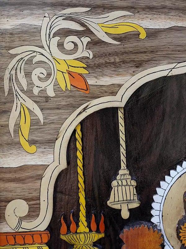 Exotic India 36" Devi Lakshmi Seated On Lotus | 3D Wall Panel In Rosewood With Inlay Work 