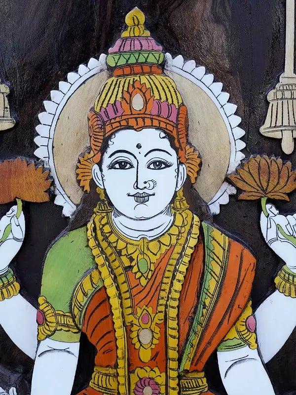 Exotic India 36" Devi Lakshmi Seated On Lotus | 3D Wall Panel In Rosewood With Inlay Work 