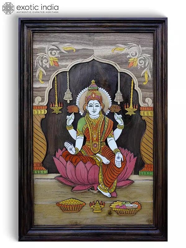 exotic india 36" Devi Lakshmi Seated on Lotus | 3D Wall Panel in Rosewood with Inlay Work 