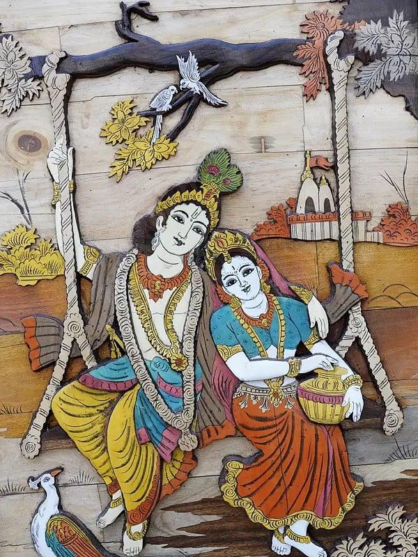 Exotic India 36" Divine Pair Of Radha Krishna On Swing | 3D Wall Panel In Rosewood With Inlay Work 