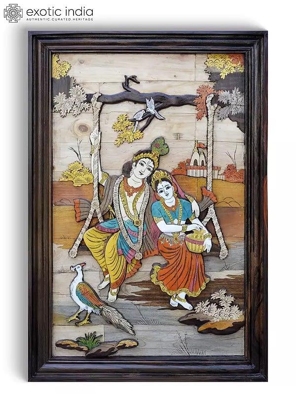 exotic india 36" Divine Pair of Radha Krishna on Swing | 3D Wall Panel in Rosewood with Inlay Work 
